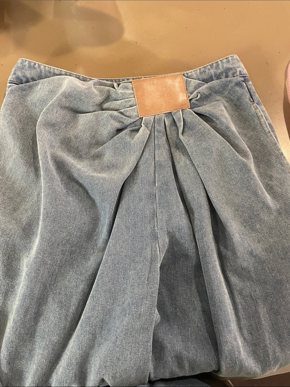 Commense Wide-Leg Draped Jeans with Tan Accent Patch - Blue - Picture 4 of 8